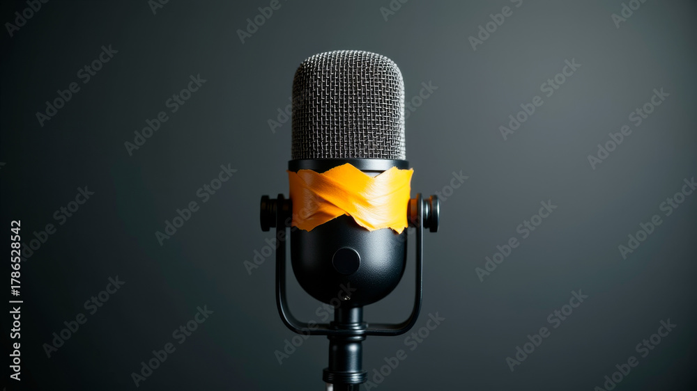 Fototapeta premium Studio microphone with warning tape wrapped around the grill in dramatic lighting