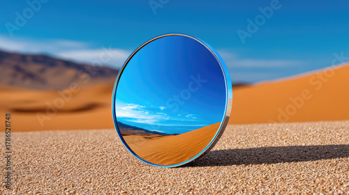 Circular mirror on sand dun...