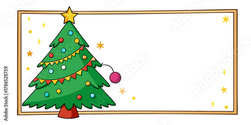 Festive Christmas tree frame with stars, perfect for holiday greetings and seasonal promotions with a cheerful, hand-drawn style