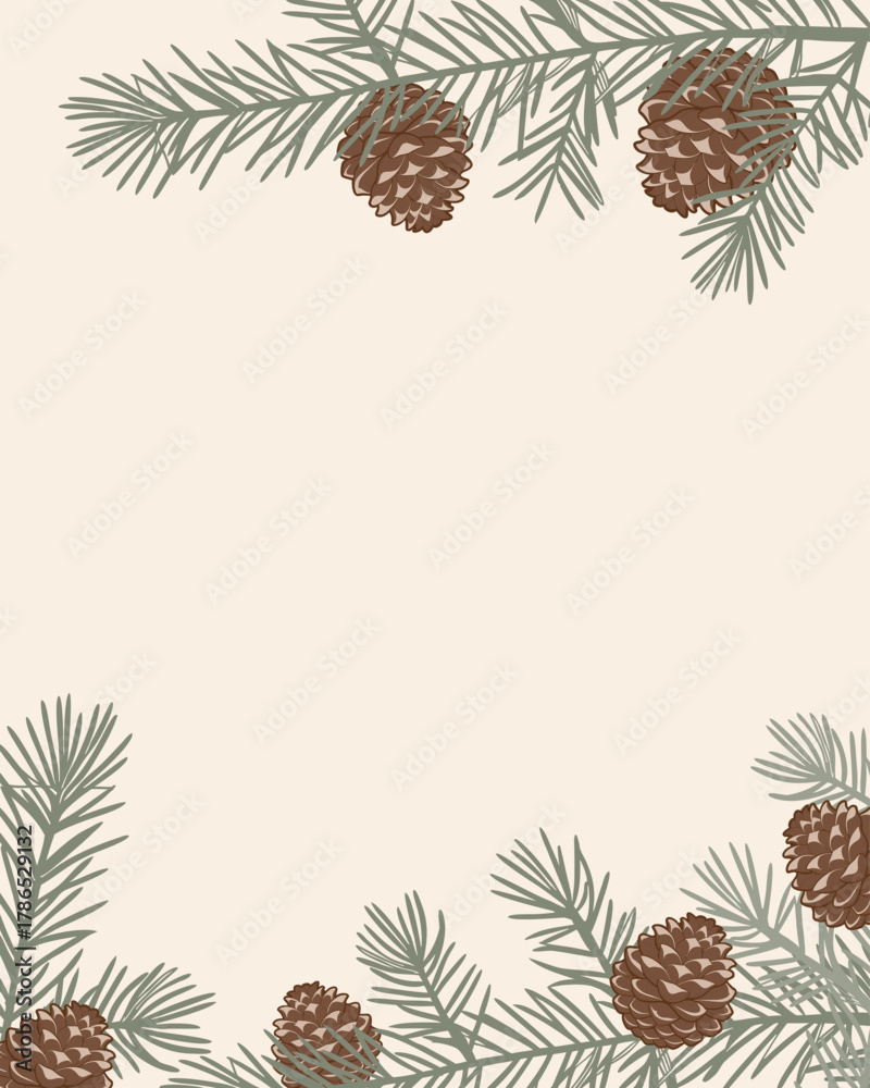 Fototapeta premium Christmas background with fir branches and pine cones.Winter frame with evergreen pine branches and cones.