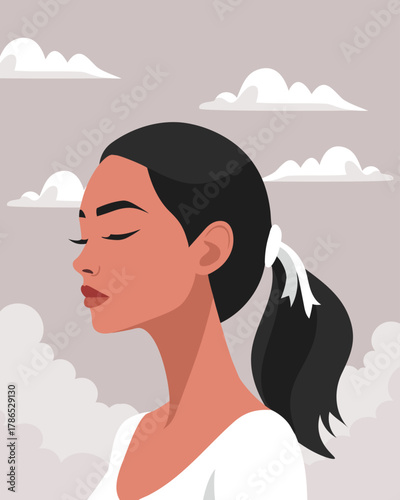 Serene womans profile in a sky. Psychology, mental health, clarity. Illustration for therapeutic posters, wellness.