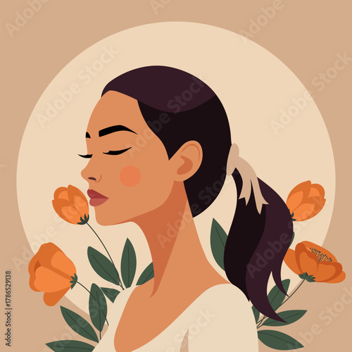 Woman with closed eyes and flowers. Psychology, mental health, clarity. Illustration for therapeutic posters, wellness.