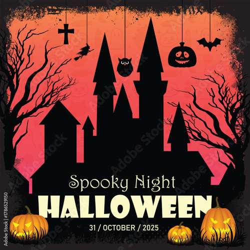spooky night glowing pumpkin zombie graveyard flyer , haunted castle silhouette dark halloween vector background , october 31st party invitation poster template , witch and bats flying spooky night il