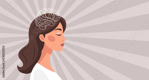 Woman with a brain above her head. Psychology, mental health, clarity. Illustration for therapeutic posters, wellness.