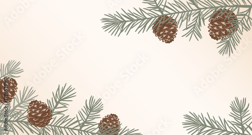 Christmas background with fir branches and pine cones.Winter frame with evergreen pine branches and cones.