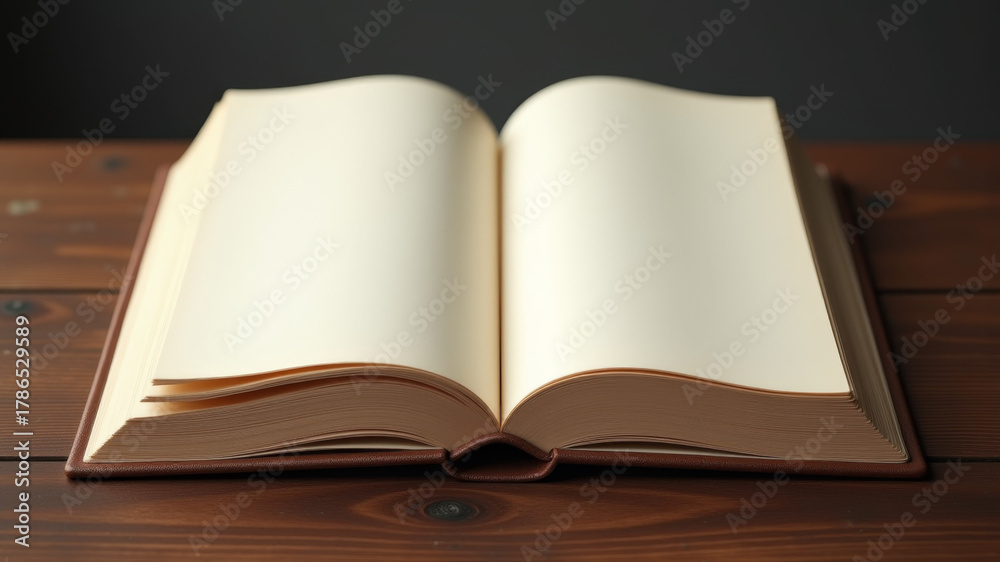Fototapeta premium Open blank book placed neatly on wooden table background