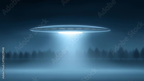 Bright flying saucer hovers silently above lonely countryside house emitting white beam through thick fog creating mysterious extraterrestrial night scene