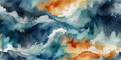 Abstract blue paint background by liquid fluid watercolor or alcohol ink grunge texture for banner, background. Ocean wave painted in watercolor, isolated on transparent white background

