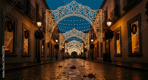 Street christmas lights empty festive street with ornate arches of golden fairy lights, hanging strings, shop windows glowing with wreaths, wet cobblestones reflecting sparkle, magical holiday evening