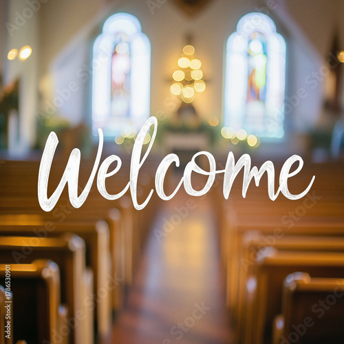 Bright church interior with stained glass windows glowing behind rows of wooden pews, featuring a handwritten welcome overlay inviting newcomers to worship, reflection, and community gathering