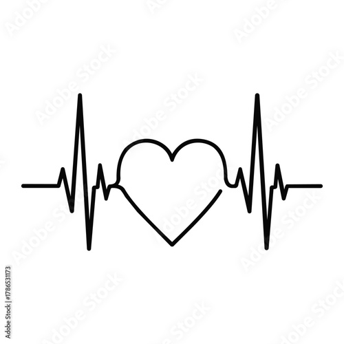 A simple black line drawing of a heart integrated into a heartbeat ekg line, vector illustration