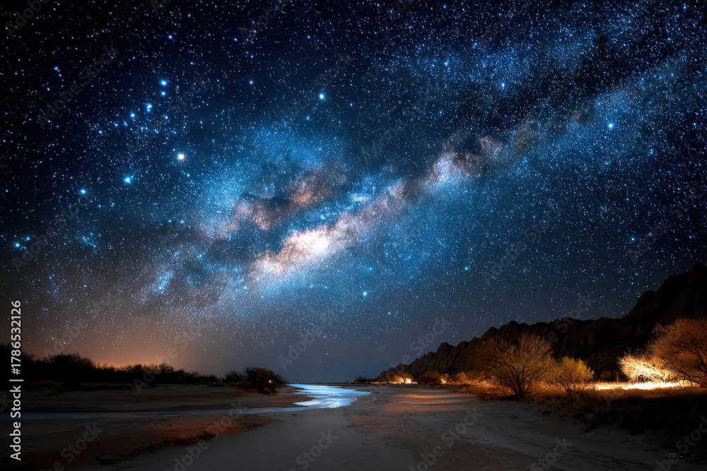 Obraz premium Milky Way over desert beach at night with glowing lights