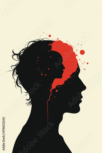 Abstract double exposure illustration of a human head with a child silhouette inside, symbolizing inner trauma, memory, psychology, and emotional healing through self-reflection.