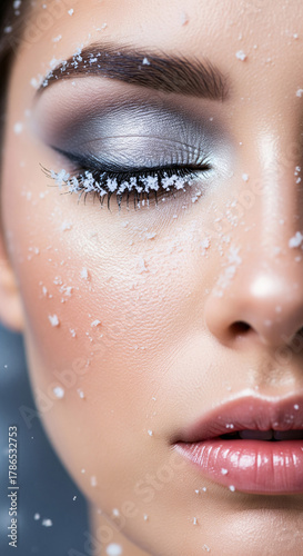 Extreme close-up of a woman's face with flawless skin and magical winter makeup. A frosty holiday beauty concept with shimmering silver eyeshadow, eyeliner, and delicate snowflakes on her eyelashes.