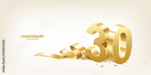 30th Anniversary celebration background. 3D Golden numbers with ribbon and confetti.