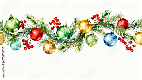 Festive Christmas Garland with Colorful Baubles and Pine Branches for Holiday Decoration. Christmas and New Year Garland
