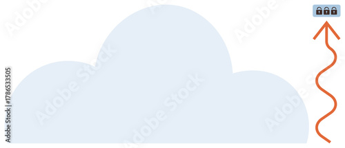 Large cloud with orange arrow and floating locks representing secure file encryption, transfer, and storage. Ideal for technology, cybersecurity, network protection, data privacy, online safety