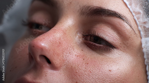 Close-up portrait of woman with towel wrapped around head eyes closed. Relaxed facial skin with freckles after spa treatment. Beauty wellness and skincare concept.