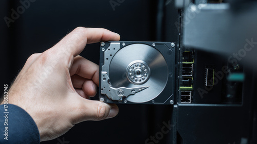 Hand inserting hard drive into desktop case for secure installation