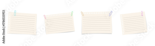Set of white paper notes with 3D paper clips. Realistic vector collection of blank sheets for office, memo, or stationery design isolated on white background.