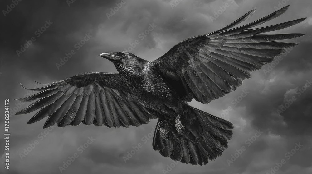 Fototapeta premium Raven flying in freedom under dramatic cloudy sky