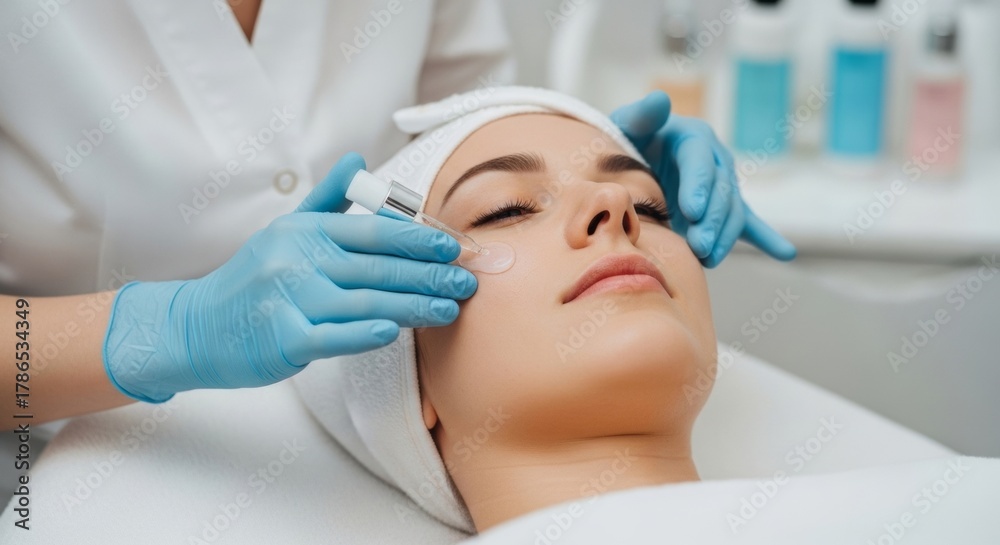 Obraz premium Woman receiving professional facial skincare treatment with serum dropper