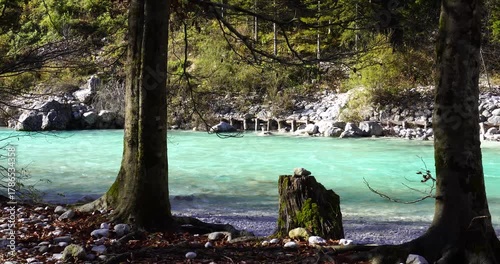 Velika korita Soče in the The Great Soča Gorge, Beautiful gorge with emerald coloured water flowing between the uniquely formed rocks, Triglav National Park, Julian Alps, Slovenia, Europe