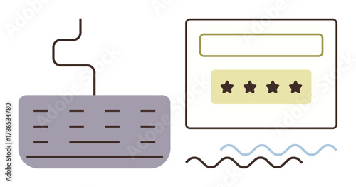 Keyboard connected to a password input field screen featuring stars for protection. Ideal for technology, security, privacy, data protection, login interface design, online authentication, simple