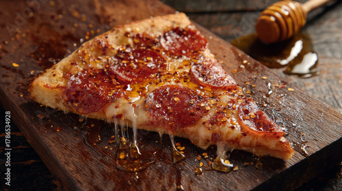 Spicy pepperoni pizza slice with hot honey drizzle