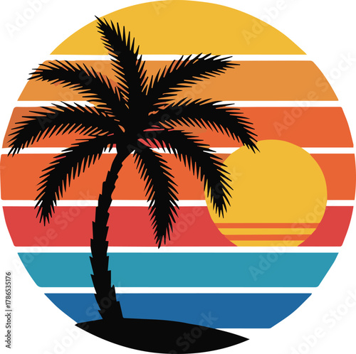 sunset palm beach ocean silhouette retro circle vector poster