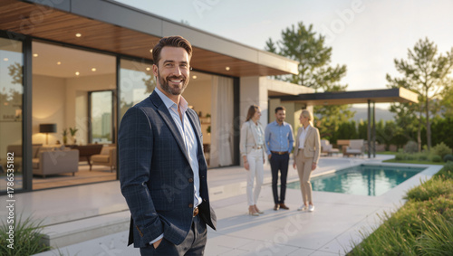 Real estate agent standing with clients at luxury house