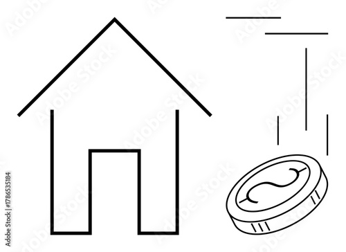 Minimalist house outline with a coin dropping, symbolizing real estate investment, savings, mortgage, property trading, home ownership, loan payments, and financial decisions. Ideal for real estate