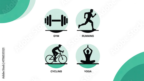 Set of Four Fitness and Exercise Icons: Gym, Running, Cycling, and Yoga.