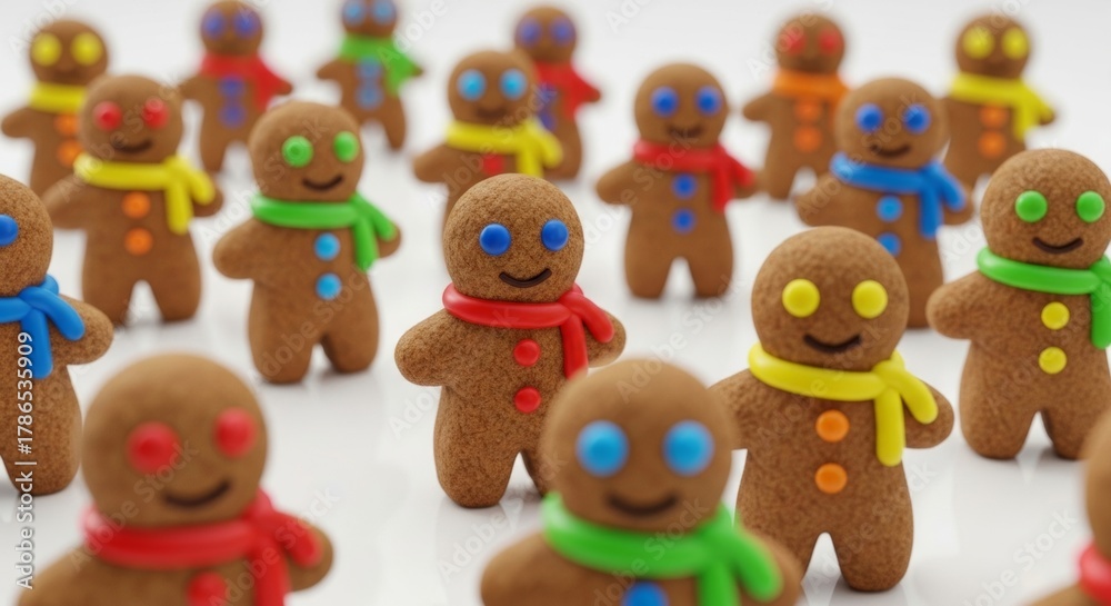 Fototapeta premium Festive gingerbread men crowd with colorful scarves and buttons on white background