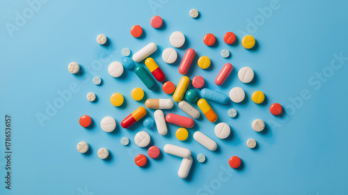 Colorful medicine pills and capsules on blue background | Pharmaceutical drug concept | Healthcare and pharmacy image
