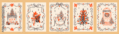 Set of Merry Christmas and Happy New Year greeting cards. Hand drawn doodle whimsical xmas posters, prints, celebration party invitations with Christmas tree, gifts, fireplace, festive family table