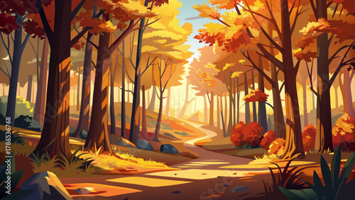 Very beautiful forest panorama with warm autumn sunlight shining through colorful trees on a clear day, featuring golden foliage, long soft shadows, and a realistic serene woodland atmosphere.
