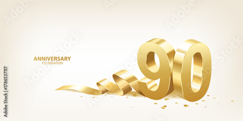 90th Anniversary celebration background. 3D Golden numbers with ribbon and confetti.