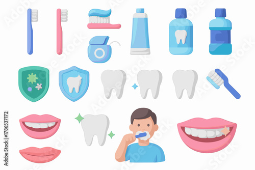 Dental Hygiene Icons Set – Toothbrush, Toothpaste, and Oral Care Elements