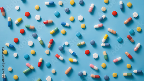 Colorful medicine pills and capsules on blue background | Pharmaceutical drug concept | Healthcare and pharmacy image