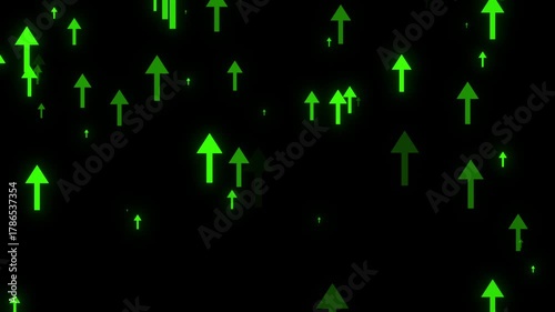 Animated glowing green arrows moving upward on a black background. Futuristic digital animation symbolizing growth, progress, success, and financial rise. Perfect for business and tech visuals