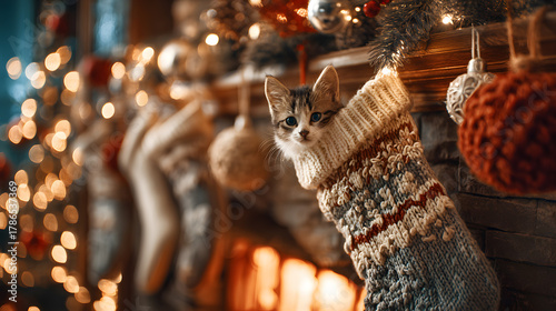 Cat peeking from cozy Christmas stocking