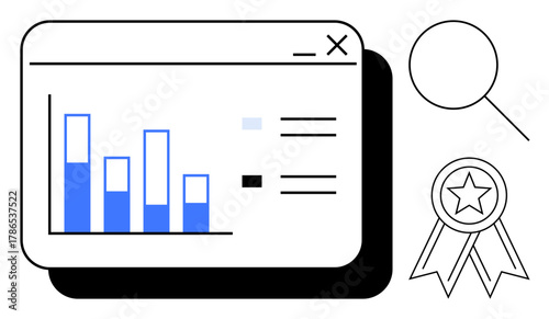 Bar chart in web window with observation magnifying glass and achievement ribbon badge. Ideal for analytics, performance monitoring, research, quality evaluation, progress tracking, recognition