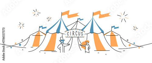 Vector illustration of a circus entrance with a man and woman inviting visitors inside, colorful tents in the background, simple cartoon design