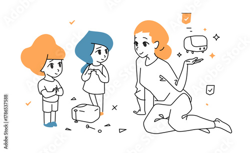 Vector illustration of a mother comforting her children after a broken toy, showing family protection and care, symbolizing insurance and security in a cartoon design
