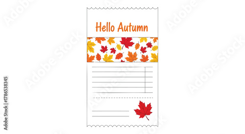 Hello autumn text with colorful falling leaves and lined paper for writing notes or messages