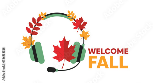 Autumn themed headphones decorated with colorful fall leaves and a prominent red maple leaf with welcome fall text