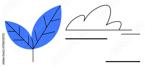 Blue leaf with vein details and abstract cloud with black lines evoke nature, growth, and tranquility. Ideal for ecology, environment, sustainability, health, wellness simplicity mindfulness. A