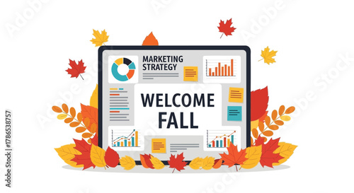 Tablet displaying welcome fall message surrounded by colorful autumn leaves and charts