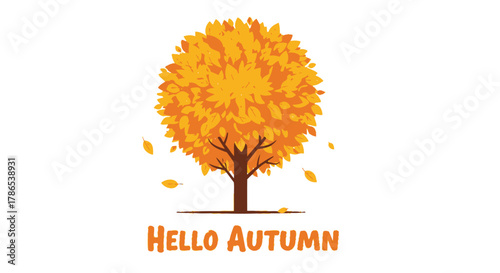 Vibrant autumn tree with falling leaves and hello autumn text illustration